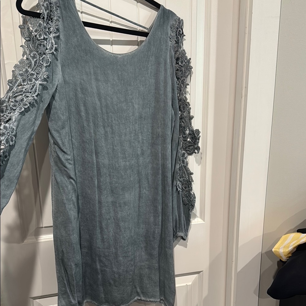 Women's Slate Blue Lace-Sleeve Dress